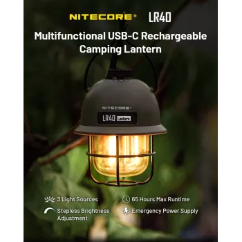USB maitinamas kempinginis žibintas Nitecore LR40 100 lm Alyvuoginis