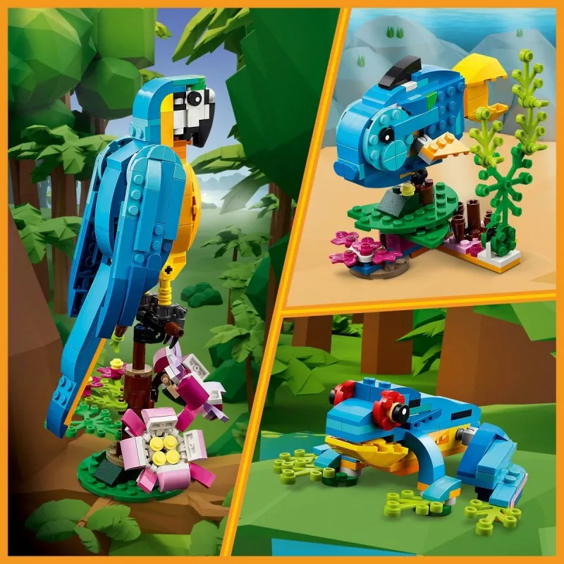 LEGO statybinis rinkinys Egzotiška papūga 31136 — Creator modelis, 253 detalės, 220×120×110 mm