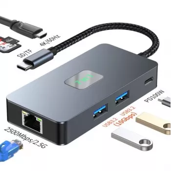 TB USB-C 7-in-1 adapterio stotelė su HDMI, SD/TF, RJ45 2.5 Gbps, PD 100W