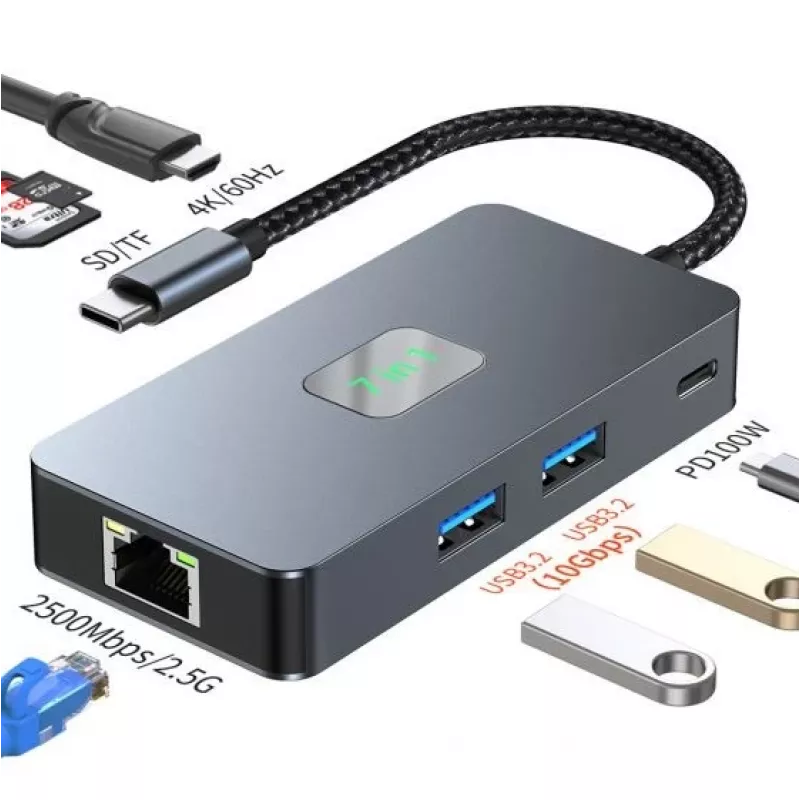 TB USB-C 7-in-1 adapterio stotelė su HDMI, SD/TF, RJ45 2.5 Gbps, PD 100W