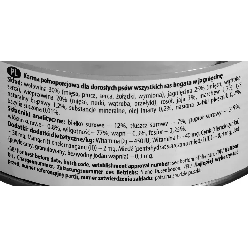 Šlapias šunų ėdalas Dolina Noteci Premium ėriena 800 g skardinė – be grūdų, suaugusiems šunims