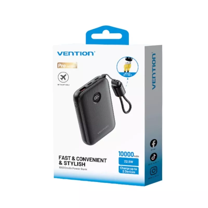 Power bank Vention FKAB0-C 10000 mAh, 2× USB-C + 1× USB-A, 22,5 W, juoda