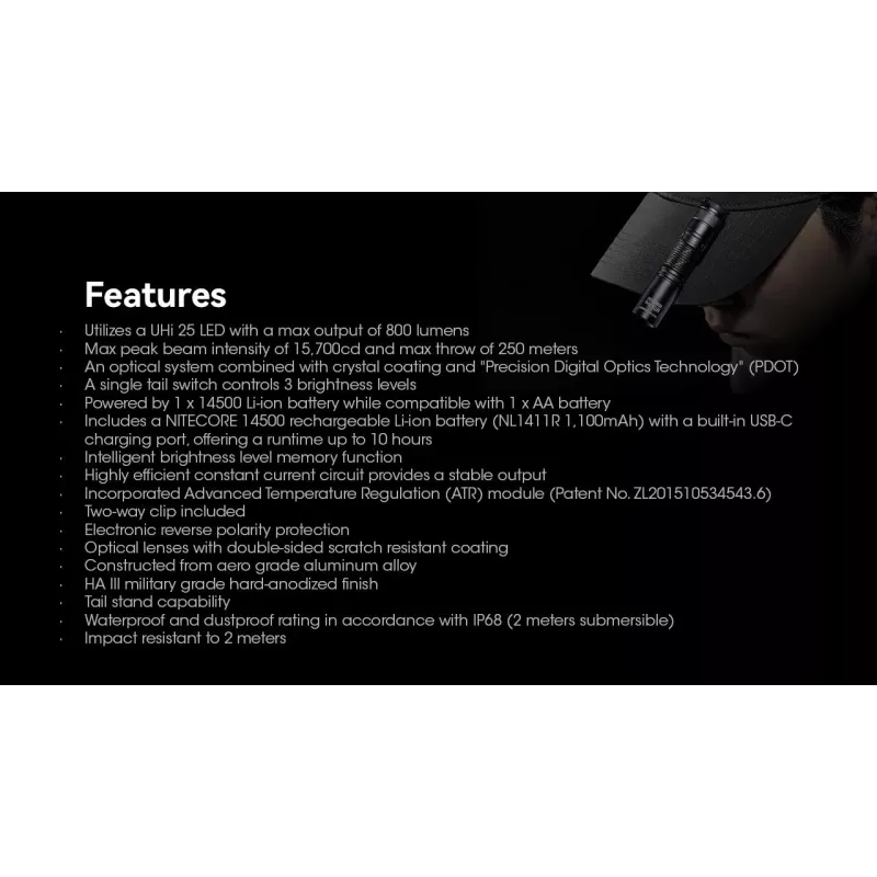 Rankinis žibintuvėlis Nitecore MT1A Pro — LED 50 lm, įkraunamas per USB, 1100 mAh, aliuminis, vandeniui atsparus, smūgiams atsparus, juodas
