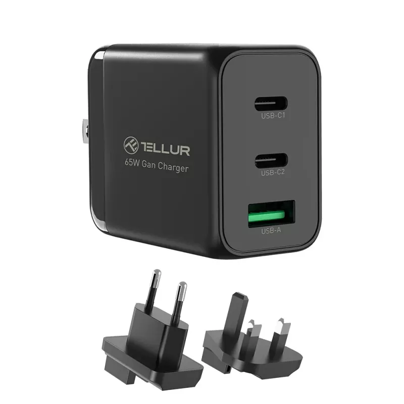 Sieninis įkroviklis Tellur TLL151451 65W, 3 prievadai (2x USB-C, 1x USB-A)