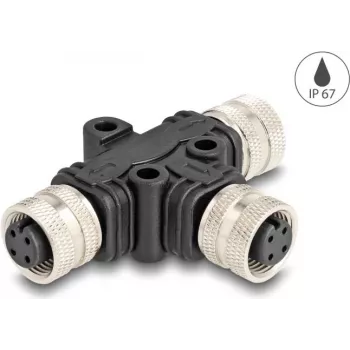 Kabelio šakotuvas DeLOCK M12 T-Splitter A-koduotas 4 kontaktų 1 x moteriška į 2 x moteriška
