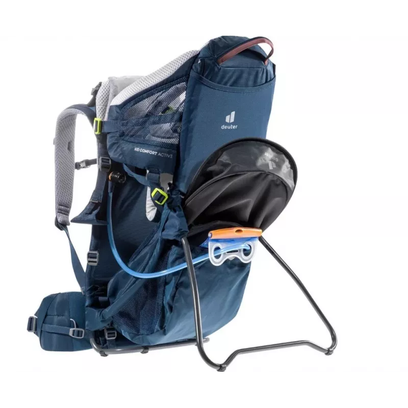 Kūdikio nešimo kuprinė DEUTER Kid Comfort Active – mėlyna, poliamidas, iki 22 kg, saulės stogelis, kojų atrama, VariQuick, Lite Air