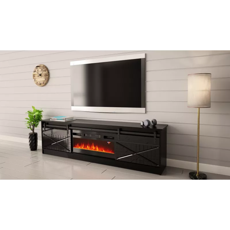 TV spintelė su židiniu Cama Meble GRANERO 200 x 56,7 x 35 cm juoda/juodas blizgesys, 2 durys, 2 lentynos, stumdomos durys, MDF/medžio drožlių plokštė