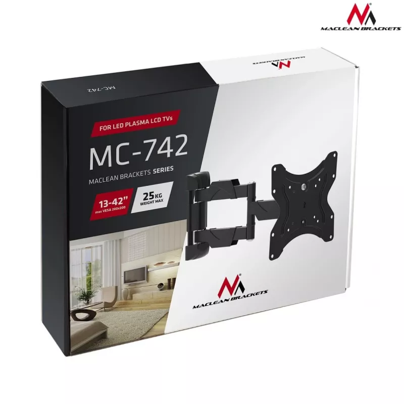 Sieninis TV laikiklis MACLEAN MC-742 iki 42 colių (106,7 cm), pakreipimas -12°/+12°, VESA 75x75–200x200, maks. apkrova 30 kg, juodas