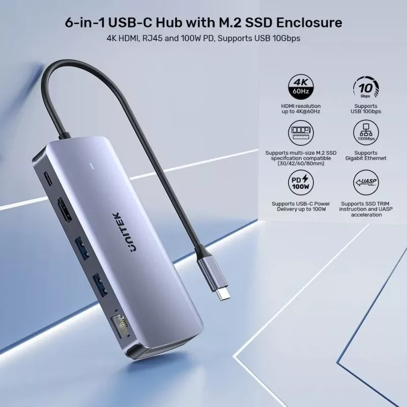 UNITEK aktyvus USB-C centras 10Gbps, M.2, HDMI, PD 100W