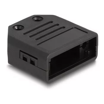 D-Sub korpusas DELOCK 9 kontaktų vyriškam/moteriškam jungtukui, plastikinis su kabelio įtempimo apsauga, 33,3×33,8×14,8 mm, juodas