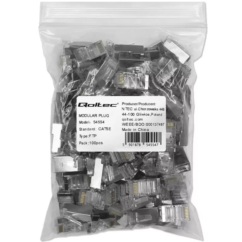 Modulinė RJ45 jungtis QOLTEC 54554 CAT5e FTP, 100 vnt., sidabrinė, plastikinė, 11×22×18 mm