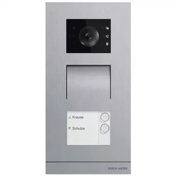 Vaizdo domofono lauko blokas Busch-Jaeger A21381P2-S-03 — nerūdijančio plieno korpusas, mygtukai, 135×29×277 mm, sidabrinis