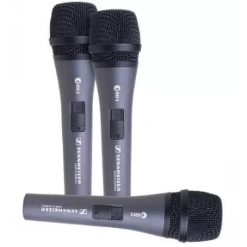 Sennheiser 3-PACK E835-S, Mikrofonų rinkinys su 3 vnt. E 835 S, vokalinis mikrofonas, dinaminis, kardioidinis, įjungimo/išjungimo jungiklis, su mikrofonų laikikliais ir dėklais