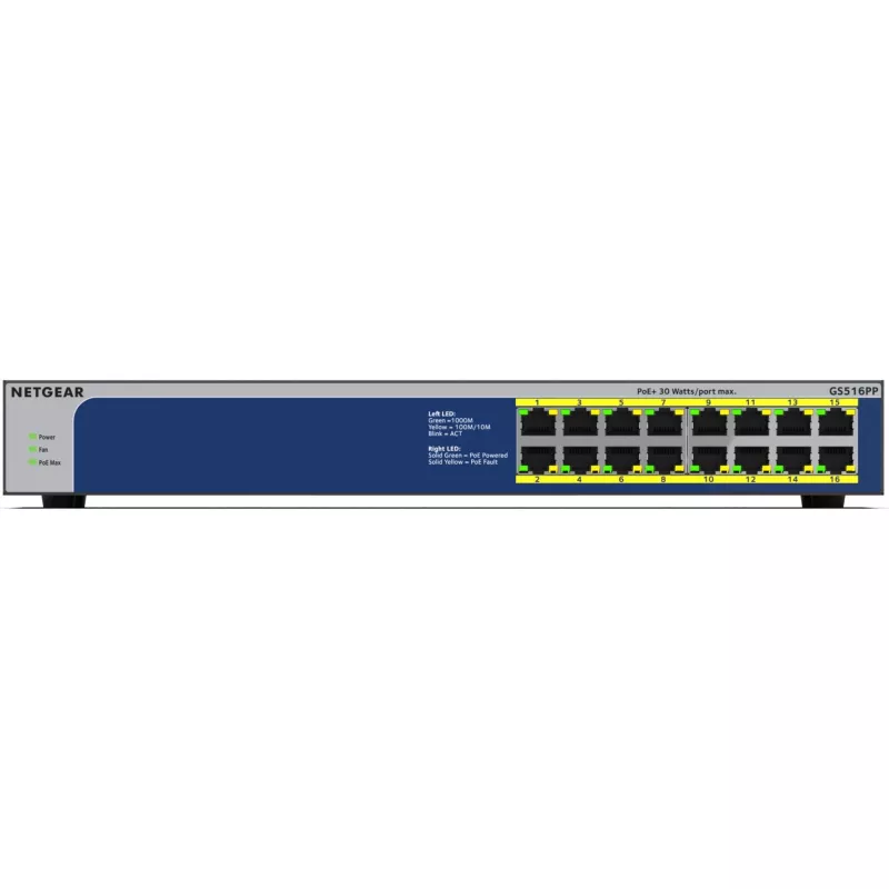 NETGEAR GS516PP nevaldomas Gigabit Ethernet (10/100/1000) maitinimas per Ethernet (PoE) mėlynas, pilkas