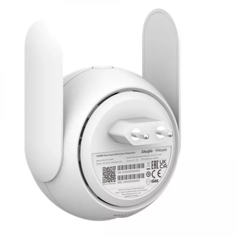 „Wi‑Fi“ tinklo plėtiklis RUIJIE RG‑EW1200R, dviejų juostų, „Wi‑Fi 5“, 2 išorinės antenos, iki 24 įrenginių, 1 LAN prievadas, baltas