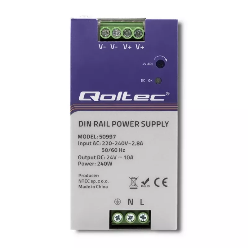 DIN bėgelio maitinimo šaltinis QOLTEC 50997 240W 24V 10A