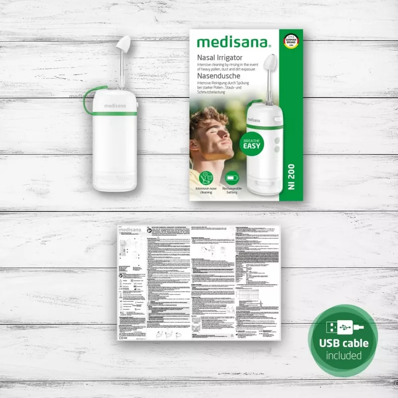 Belaidis vandens irigatorius Medisana NI 200 — 0,15 L talpa, 3 programos, USB‑C, 1400 mAh