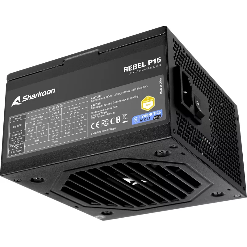 Maitinimo blokas Sharkoon Rebel P15 750, 750 W, 1x 12 kontaktų didelės galios GPU jungtis, 4x PCIe, modulinis kabelių valdymas