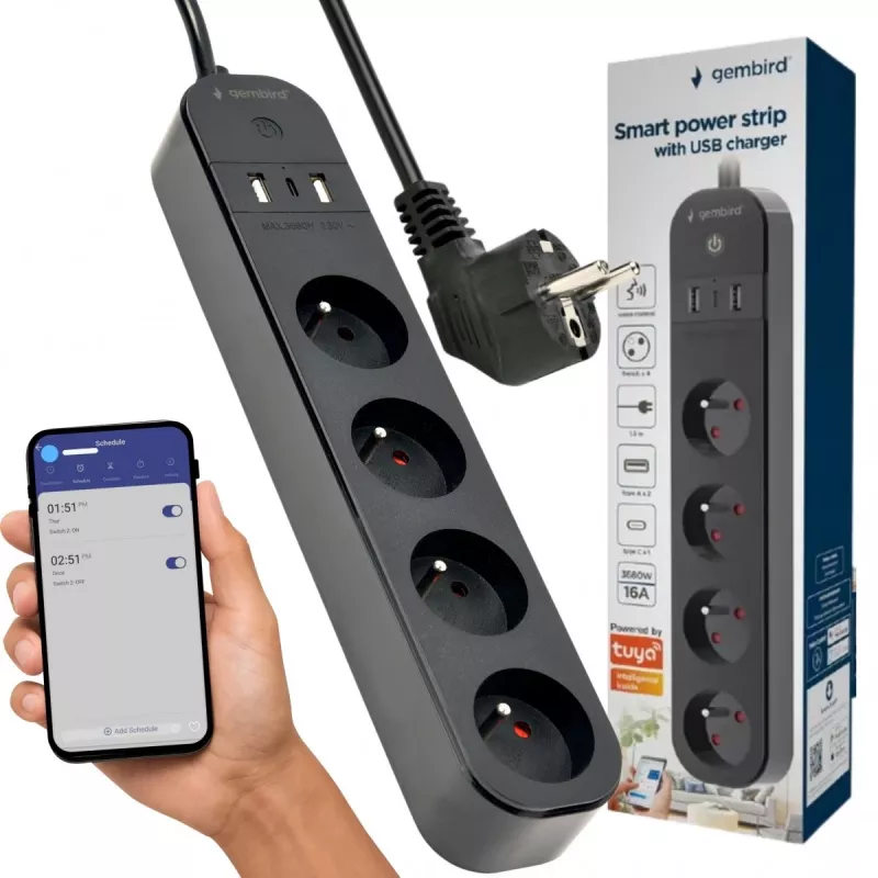 Maitinimo blokas GEMBIRD TSL-PS-F4U-02 su 4 PL kištukiniais lizdais ir USB įkrovikliu, juodas