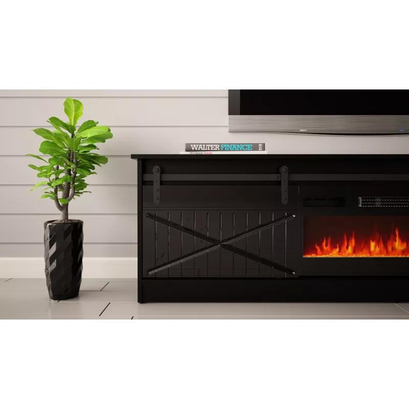 TV spintelė su židiniu Cama Meble GRANERO 200 x 56,7 x 35 cm juoda/juodas blizgesys, 2 durys, 2 lentynos, stumdomos durys, MDF/medžio drožlių plokštė