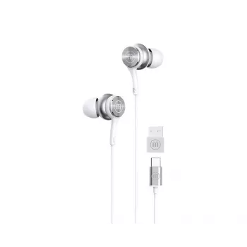 Maxell XC1 laidinės ausinės USB-C su USB-A adapteriu baltos