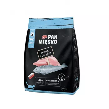Sausas kačių ėdalas Pan Miesko Vištiena su Upėtakiu S, Visaverčiai kąsneliai, 400 g, 39% Baltymų, 16% Riebalų