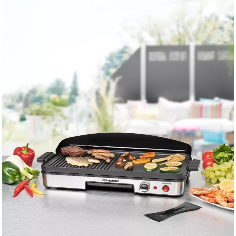 Elektrinis stalo grilis Rommelsbacher BBQ 2003 — 1900 W, 50×25 cm, briaunotas + Teppanyaki, reguliuojamas termostatas, sidabrinis/juodas