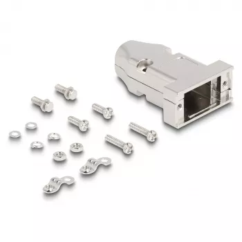 Kabelio gaubtas DELOCK D-Sub korpusui 9 kontaktų vyriškam/moteriškam su įtempimo reljefu, sidabrinis, plastikinis, 31,6×46,2×15,6 mm