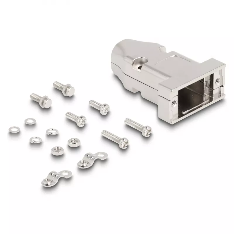 Kabelio gaubtas DELOCK D-Sub korpusui 9 kontaktų vyriškam/moteriškam su įtempimo reljefu, sidabrinis, plastikinis, 31,6×46,2×15,6 mm
