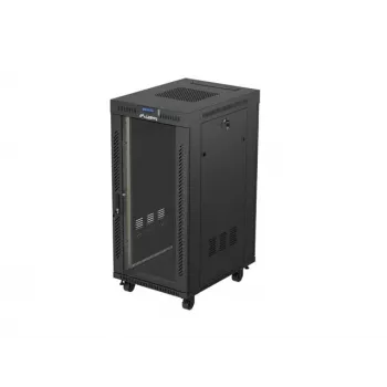 Tinklinis spintos stovas LANBERG 19 colių 24U 600x800 mm juodas su stiklo durelėmis ir LCD išpjova (Flat Pack) v2
