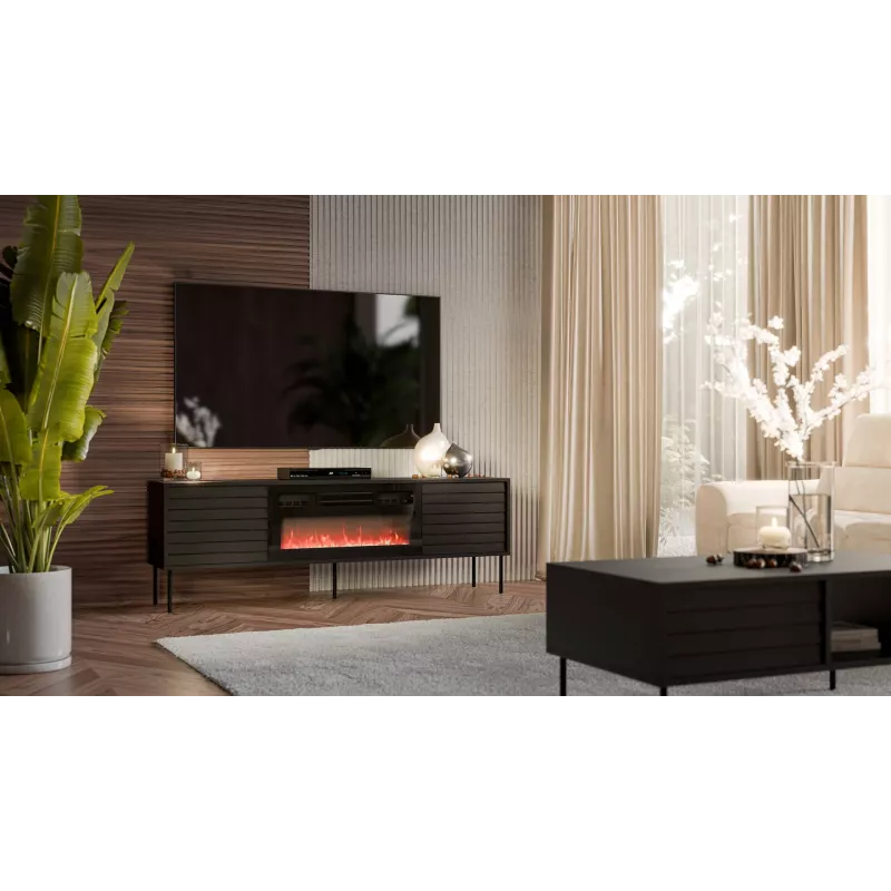 Spintelė televizoriui Cama Meble CORTINA 180x40x60 cm juoda su juodu židiniu
