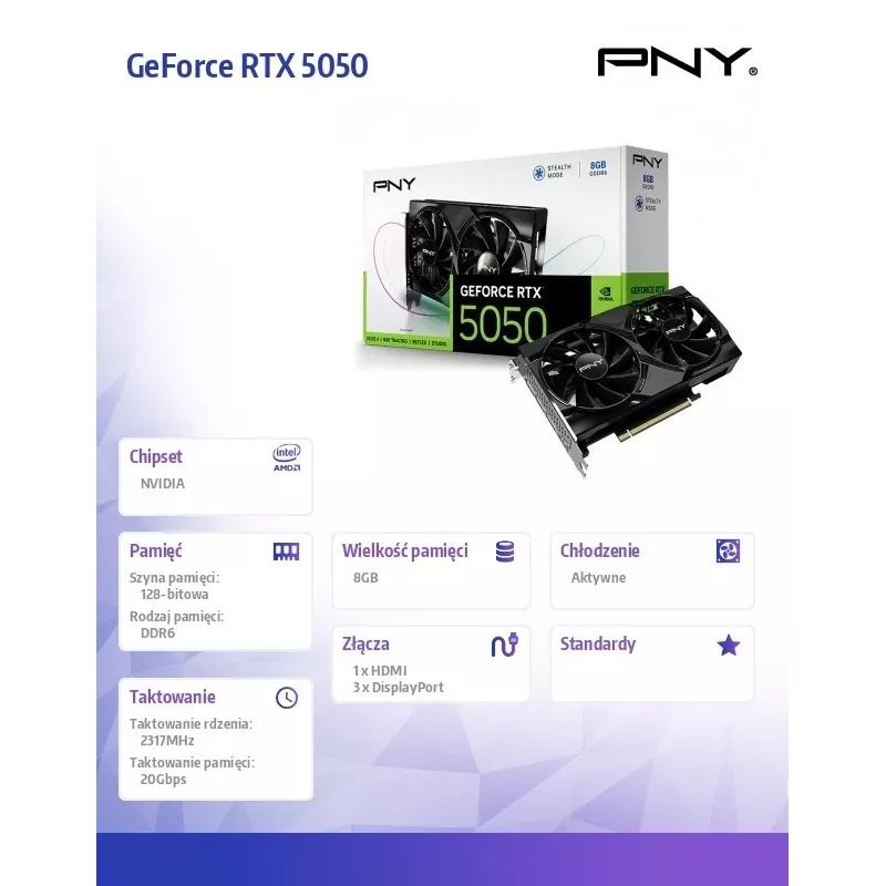 Vaizdo plokštė PNY GeForce RTX 5050 – 8 GB GDDR6, 2317 MHz, 128 bitų, PCIe x8 5.0, dviejų ventiliatorių aušinimas
