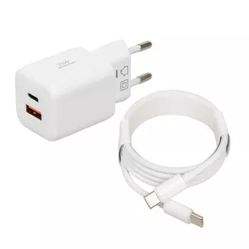 USB įkroviklis IBOX ILUC42W 42W (33W maks.), 1×USB-C PD3.0, 1×USB-A QC3.0, 100–240V, baltas