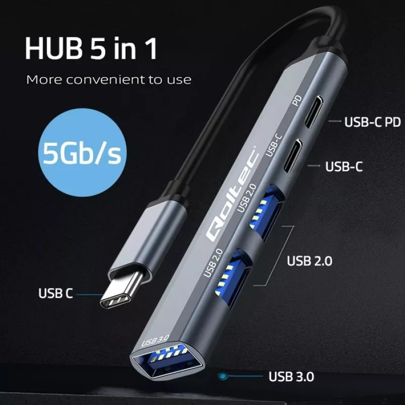 Qoltec 53790 USB-C 3.1 5in1 adapteris – USB-C PD, USB-C, 2x USB 2.0, USB 3.0