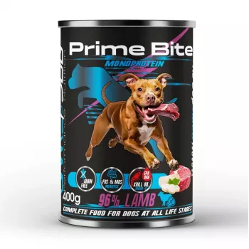PRIME BITE Monoprotein ėriena su petražolėmis – šlapias šunų ėdalas – 400g