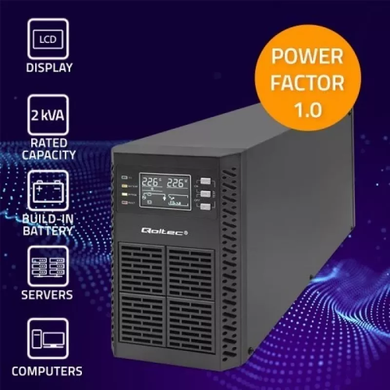 Qoltec 52281 nepertraukiamo maitinimo šaltinis (UPS) Dvigubo keitimo (Online) 2 kVA 2000 W 3 AC lizdai