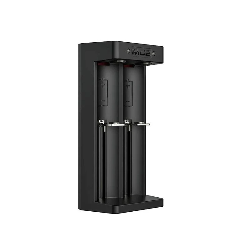 XTAR dviejų lizdų Li-ion akumuliatorių įkroviklis 18650 elementams, USB-C įvestis, juodos spalvos, LED indikatoriai