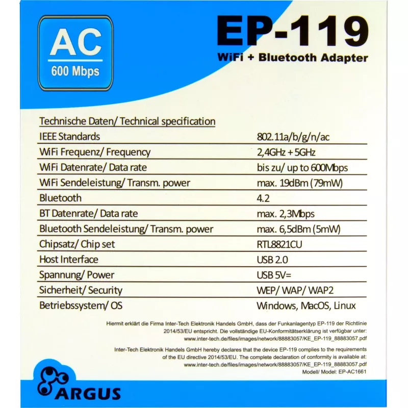 USB Wi-Fi / Bluetooth adapteris INTER-TECH EP-119, Wi-Fi 5 (802.11ac) dviejų juostų 600 Mbit/s