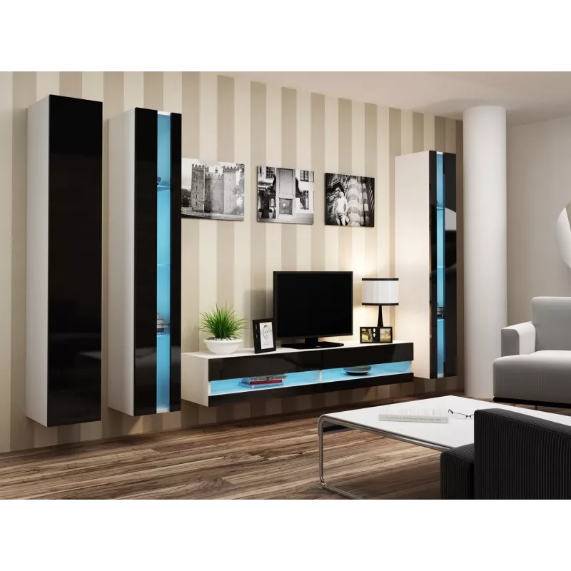 TV stovas Cama Meble VIGO NEW 30/180/40, balta viršus, juodas blizgus rėmas, 1800×400×300 mm