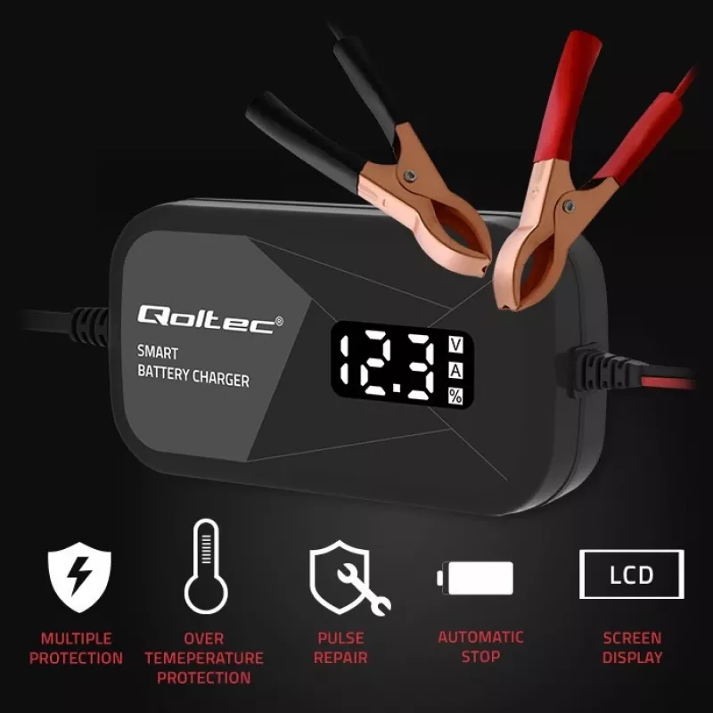 Baterijų įkroviklis QOLTEC 52492 12V 2A su mikroprocesoriniu valdymu ir elementų regeneracija