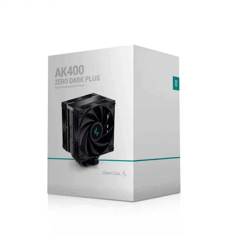 Oro aušintuvas DeepCool AK400 ZERO DARK PLUS — 120 mm FDB ventiliatorius, 4 šilumos vamzdeliai 6 mm, skirtas LGA 1700/AM4/AM5, aukštis 155 mm, juodas