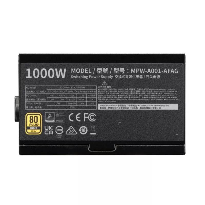 Cooler Master MPW-A001-AFAG-BEU 1000W Gold 80+ maitinimo blokas, ATX 3.1, 135mm FDB ventiliatorius
