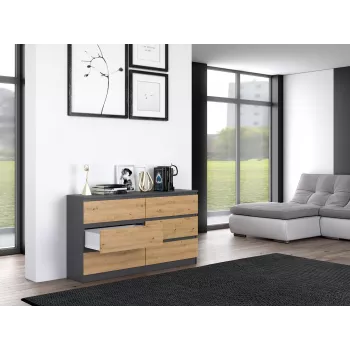 Komoda Top e Shop M6 140 ANT/ART, 6 stalčių, Antracitinis ąžuolas, 1380×750×400 mm