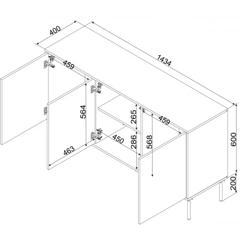 Komoda cama meble INSERTO 3D 143.5×40×80 cm juoda su LED, medžio drožlių plokštė, 16 mm rėmas