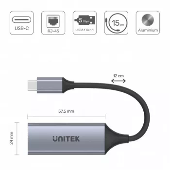 Tinklo adapteris Unitek U1312A, USB-C į RJ45, Gigabit Ethernet, pilka, 0,5 m kabelis