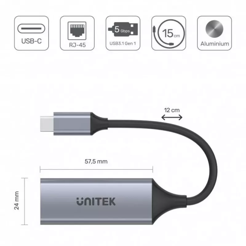 Tinklo adapteris Unitek U1312A, USB-C į RJ45, Gigabit Ethernet, pilka, 0,5 m kabelis
