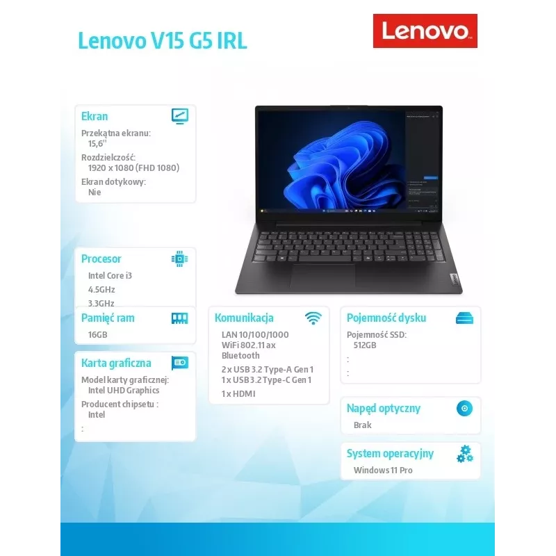 Nešiojamas kompiuteris Lenovo V15 G5 IRL – Intel Core i3-1315U, 16 GB RAM, 512 GB SSD, Windows 11 Pro
