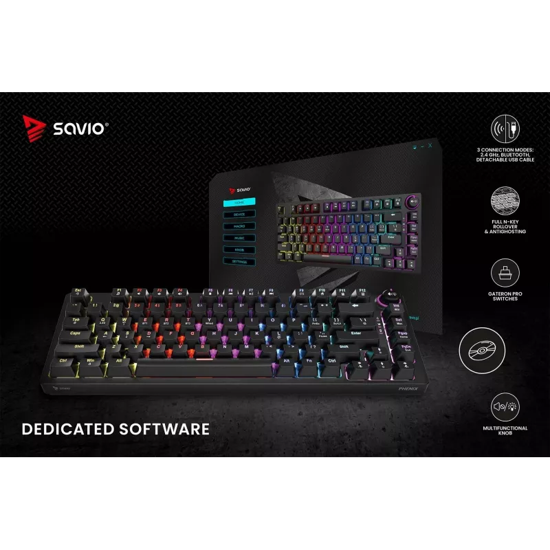 Savio Phenix SAVGK-RED belaidė mechaninė klaviatūra (82 klavišai, 75 %, Gateron Pro, RGB, RF 2,4 GHz / Bluetooth / USB)