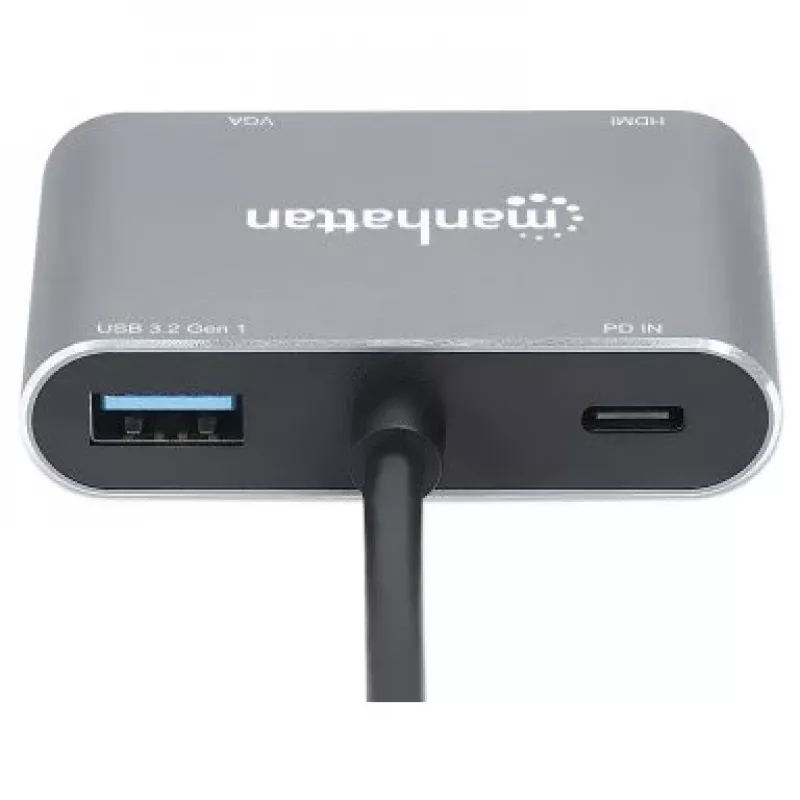 Manhattan USB-C dokų stotelė / šakotuvas, 4 prievadai: HDMI, USB-A, USB-C ir VGA, su Power Delivery (PD) 87W – reikalingas išorinis USB-C įkroviklis (neįtrauktas). Maitinama per USB (nereikia išorinio maitinimo šaltinio), kai PD nenaudojamas. Aliuminis