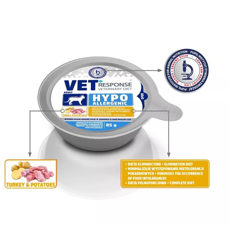 VET RESPONSE Hypoallergenic Turkey – šlapias kačių ėdalas – 85 g